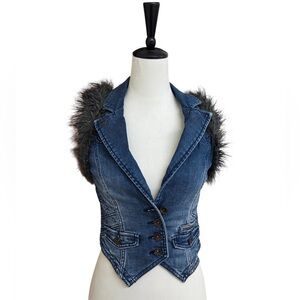 ONLY Jeans Denim Vest with Faux Fur Trim Tailored Fit